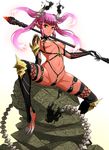  breasts dark_skin demon_girl demon_tail horns isse long_hair medium_breasts navel original pink_eyes pink_hair quad_tails red_skin simple_background solo tail thighhighs 