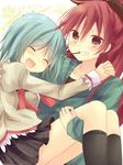  bad_id bad_pixiv_id blue_hair carrying closed_eyes food_in_mouth grin mahou_shoujo_madoka_magica marotti miki_sayaka multiple_girls open_mouth princess_carry red_eyes red_hair sakura_kyouko school_uniform shirt skirt smile tiara 