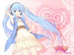  47agdragon :d alternate_hair_color blue_eyes blue_hair casual dress hair_ribbon hatsune_miku headphones long_hair open_mouth ribbon sleeves_rolled_up smile solo twintails very_long_hair vocaloid 