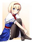  :/ alice_margatroid blonde_hair blue_eyes blush capelet dress frown hairband hands_clasped kaiza_(rider000) leg_hug legs no_shoes own_hands_together pantyhose sash short_hair sitting solo touhou tsurime v_arms 