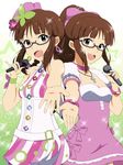  :d akizuki_ritsuko bad_id bad_pixiv_id bow brown_eyes brown_hair collar cross cute_&amp;_girly_(idolmaster) dual_persona earrings glasses hair_bow highres idol idolmaster idolmaster_(classic) jewelry looking_at_viewer microphone multiple_girls open_mouth pink_bow ponytail princess_melody_(idolmaster) smile sparkle travesters 