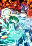  2girls ass bare_shoulders blue_eyes blue_hair blue_rose_(tiger_&amp;_bunny) cape chinese_clothes dark_skin detached_sleeves dragon_kid elbow_gloves electricity enmto fire fire_emblem_(tiger_&amp;_bunny) gloves glowing glowing_eyes green_hair hat huang_baoling ice karina_lyle mask multiple_girls nathan_seymour ponytail short_hair spandex superhero thighhighs tiger_&amp;_bunny 