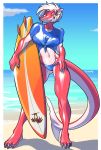  anthro athletic beach bikini bikini_bottom clothed clothing crackiepipe day female fish holding_object looking_at_viewer marine midriff navel outside red_body seaside shark shirt smile solo standing surfboard swimsuit underwear 