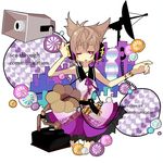  belt blonde_hair brown_hair dress engrish headphones highres horn ngayope one_eye_closed open_mouth phone phonograph purple_eyes ranguage satellite_dish short_hair solo touhou toyosatomimi_no_miko 