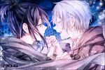  black_hair closed_eyes coat holding_hands jacket kudou_(90n) male_focus multiple_boys nezumi_(no.6) no.6 open_mouth shion_(no.6) short_ponytail white_hair yaoi 