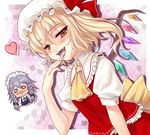  :d blonde_hair blood blush braid chibi commentary_request crystal fangs flandre_scarlet hat heart izayoi_sakuya long_hair looking_at_viewer maid_headdress multiple_girls naughty_face nosebleed o_o open_mouth red_eyes saliva sea_chicken short_hair side_ponytail silver_hair smile touhou twin_braids upper_body wings 