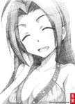  ^_^ bare_shoulders breasts cleavage closed_eyes gofu greyscale idolmaster idolmaster_(classic) long_hair medium_breasts miura_azusa monochrome open_mouth sketch smile solo spot_color traditional_media 
