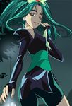  ass bike_shorts dark_cure_(yes!_precure_5) dark_mint earrings finger_to_mouth green green_background green_eyes green_hair haruyama_kazunori jewelry light_smile looking_at_viewer looking_back night precure solo yes!_precure_5 