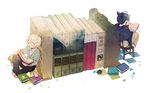  2boys animal animal_on_shoulder bad_id bad_pixiv_id barefoot blue_hair book bookshelf cameo chair closed_eyes clover creator_connection four-leaf_clover hamlet instrument jacket male_focus mouse multiple_boys nezumi_(no.6) no.6 open_book open_mouth othello piano reading romeo_and_juliet shion_(no.6) short_hair short_ponytail sitting smile white_hair 