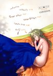  barefoot bed_sheet blonde_hair braid breasts closed_eyes crayon earrings feet fetal_position finger_to_mouth from_above highres jewelry long_hair medium_breasts megastore_comics nipple_slip nipples nude original sleeping slender_waist solo text_focus yukimi 