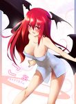  bad_id bad_pixiv_id bare_legs bare_shoulders blush breasts cleavage covered_nipples dot_r head_wings highres koakuma large_breasts leaning_forward long_hair low_wings naked_towel red_eyes red_hair smile solo touhou towel wings 