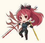  bow chibi command_spell cosplay creator_connection dual_wielding fang fate/zero fate_(series) gae_buidhe gae_dearg hair_bow holding lancer_(fate/zero) lancer_(fate/zero)_(cosplay) long_hair mahou_shoujo_madoka_magica parody polearm ponytail red_eyes red_hair sakura_kyouko sevendayswar solo spear urobuchi_gen weapon weapon_connection 