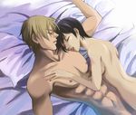  1boy 1girl abs ada_wong after_sex aftersex bed black_hair blonde_hair capcom couple eyes_closed happy leon_kennedy leon_s_kennedy lipstick makeup nail_polish nude pillow resident_evil serious short_hair sleeping smile 