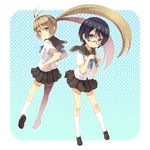  awayuki_erika ben-tou black_hair blonde_hair blue_eyes blush_stickers green_hair kouji_(campus_life) long_hair misohagi_makino multiple_girls school_uniform short_hair smile twintails 