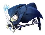  backflip bad_id bad_pixiv_id battle black_coat_(kingdom_hearts) blonde_hair blue_eyes blurry chain crown dual_wielding gloves holding hood hoodie jewelry jumping key keyblade kingdom_hearts kingdom_hearts_358/2_days male_focus motion_blur necklace open_mouth organization_xiii pants roxas simple_background solo star weapon white_background zuwai_kani 