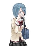  bag blue_eyes blue_hair bow jikasei mahou_shoujo_madoka_magica miki_sayaka school_uniform short_hair solo tears wiping_tears 