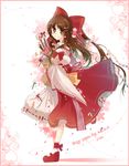 ascot bad_id bad_pixiv_id bare_shoulders brown_eyes brown_hair candy dated detached_sleeves dress flower food gohei hair_ornament hair_tubes hakurei_reimu heart maydream pocky pocky_day smile solo touhou 