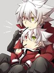  bad_id bad_pixiv_id black_pants blazblue coat dual_persona food food_in_mouth green_eyes grey_background heterochromia kuro_yuzu male_focus mouth_hold multiple_boys pants pocky ragna_the_bloodedge red_eyes spiked_hair white_hair younger 
