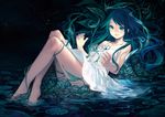  bare_legs bare_shoulders light_smile long_hair plant saya saya_no_uta silverwing sky soaking_feet solo star_(sky) starry_sky vines water 