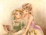  1girl blonde_hair blue_eyes book brown_hair chikuwa_(rinka) couple dress earrings food forehead_jewel hetero jewelry link mouth_hold pocky pocky_day pointy_ears princess_zelda reading sepia sharing_food the_legend_of_zelda the_legend_of_zelda:_twilight_princess tiara 