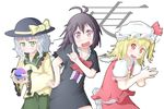  ahoge akaiwa arawi_keiichi_(style) ascot bad_id bad_pixiv_id black_hair blonde_hair blush bonnet bow flandre_scarlet green_eyes houjuu_nue hyadain_no_kakakata_kataomoi_-_c komeiji_koishi long_hair multiple_girls nichijou open_mouth parody purple_eyes red_eyes side_ponytail stage_connection style_parody touhou white_hair 