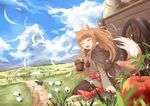  ^_^ animal animal_ears apple blurry blush brown_hair cape closed_eyes depth_of_field dog enekk fang food fruit grass holo landscape long_hair multiple_girls nncat nora_arento open_mouth pouch sheep sitting spice_and_wolf tail tears wolf_ears wolf_tail 