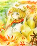  blonde_hair colored_pencil_(medium) hat leaf maple_leaf mdnk multiple_tails official_style oota_jun'ya_(style) open_mouth parody solo style_parody tail touhou traditional_media watercolor_(medium) yakumo_ran yellow_eyes 