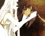  1girl black_hair couple emiya_kiritsugu facial_hair fate/zero fate_(series) hetero husband_and_wife irisviel_von_einzbern long_hair mooche necktie stubble white_hair 