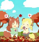  :d animal_ears autumn black_legwear blonde_hair blush bow closed_eyes cloud day drill_hair eating fang flower food fox_ears hair_bow hair_ornament hairclip heart highres hood hoodie jacket kemonomimi_mode leaf long_hair mahou_shoujo_madoka_magica multiple_girls nori_senbei nut_(food) open_mouth pantyhose plaid plaid_skirt ponytail red_hair sakura_kyouko shorts skirt sky smile squirrel_ears tail tomoe_mami tree twintails 