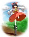  ascot balancing black_hair bow brown_eyes cloud day detached_sleeves hair_bow hair_tubes hakurei_reimu highres open_mouth outstretched_arms scarf solo sora_no_amagumo spread_arms standing standing_on_one_leg touhou 
