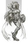  armor bad_deviantart_id bad_id breasts felsus headband large_breasts long_hair mace monochrome muscle queen's_blade risty smile solo tattoo weapon 