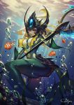  1girl artist_name blonde_hair breasts bubble center_opening clownfish fish_girl forehead_jewel green_skin helmet highres large_breasts league_of_legends mermaid monster_girl nami_(league_of_legends) red_eyes see_you smile solo staff underwater 