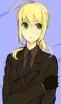  ahoge artoria_pendragon_(all) bad_id bad_pixiv_id black_gloves blonde_hair fate/zero fate_(series) formal gloves green_eyes long_hair nntn ponytail saber solo suit 