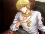  alcohol bad_id bad_pixiv_id blonde_hair bracelet cup drinking_glass fate/zero fate_(series) gilgamesh hitoha jewelry male_focus necklace red_eyes solo wine wine_glass 