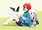 blue_eyes character_name chin_rest fujiko_(chaka) full_body genius_sage green_background long_hair lying male_focus mao_(tales) multiple_boys no_shoes red_eyes red_hair shirt shoes sitting smile socks spiked_hair tales_of_(series) tales_of_rebirth tales_of_symphonia thighhighs white_hair white_legwear 