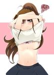  arms_up blush bow bow_bra bra breasts brown_hair frown inconvenient_breasts kamiya_zuzu large_breasts lingerie midriff navel nipple_slip nipples one_eye_closed pink_bra ponytail purple_eyes shirt_lift solo squiggle sweat taneshima_popura trembling underwear undressing working!! 