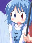  blue_eyes blue_hair blush geetsu heterochromia karakasa_obake open_mouth purple_umbrella red_eyes short_hair solo tatara_kogasa tongue touhou umbrella upper_body 