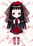  ankle_lace-up ar_tonelico ar_tonelico_ii black_hair blush bouquet cross-laced_footwear dress flower inumori_sayaka jakuri long_hair red_eyes solo veil 