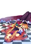  absurdres apple bad_id bad_pixiv_id bare_shoulders beak blonde_hair bow checkered checkered_floor food fruit highres long_hair lying mawaru_penguindrum red_eyes solo takakura_himari xiaoai yellow_eyes 