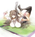  ass breakdance breasts brown_hair double_v glasses highres huge_breasts long_hair lying on_stomach original panties pose school_uniform skirt solo tanupo tatami thighhighs underwear v 