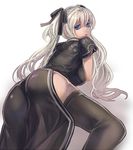  ass black_legwear blue_eyes bow dress from_behind hair_bow kanran_demel long_hair looking_back lowres mabinogi nao_(mabinogi) shadow solo thighhighs twintails wavy_hair white_hair 