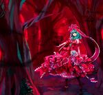  bad_id bad_pixiv_id boots bow breasts dress frills front_ponytail gathers green_eyes green_hair hair_bow hair_ribbon high_heels kagiyama_hina medium_breasts open_mouth petticoat red ribbon shoes smile solo too_many too_many_frills touhou tree waraningyou water yuura 