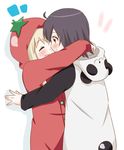  :d animal_costume black_hair blonde_hair closed_eyes funami_yui hug maka_(hyougenbu) multiple_girls open_mouth pajamas panda_costume smile tomato_costume toshinou_kyouko yuri yuru_yuri 