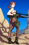  1girl absurdres ass bikini black_bikini breasts brown_hair danfer3 full_body green_eyes gun handgun highres looking_at_viewer looking_back metal_gear_(series) metal_gear_solid metal_gear_solid_v parted_lips pistol ponytail pouch quiet_(metal_gear) rifle sideboob skin_tight sniper_rifle solo swimsuit thong weapon 