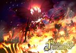  bat_wings breasts claws fantasy fire flying gpnet highres horns large_breasts long_hair pixiv_fantasia pixiv_fantasia_5 polearm trident weapon white_hair wings 