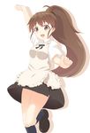  apron arm_up blush breasts brown_eyes brown_hair long_hair momo_no_kanzume open_mouth ponytail skirt small_breasts smile solo taneshima_popura very_long_hair waitress working!! 