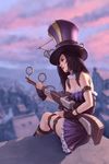  bare_shoulders boots breasts brown_hair caitlyn_(league_of_legends) cleavage gloves gun hat highres jonathan_hamilton league_of_legends long_hair md5_mismatch resized rifle scope sitting skirt small_breasts solo top_hat upscaled weapon 
