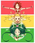  akimoto_komachi blonde_hair cure_lemonade cure_mint cure_rouge fangs fingerless_gloves gloves green_eyes green_hair hair_ornament kamen_rider kamen_rider_ooo_(series) kasugano_urara_(yes!_precure_5) long_hair magical_girl maro_nie multiple_girls natsuki_rin precure red_eyes red_hair short_hair yellow_eyes yes!_precure_5 