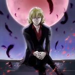  blonde_hair crossed_legs dark_persona feathers formal full_moon glasses h-saiga male_focus moon ourobunny red_eyes red_moon sitting solo suit tattoo tiger_&amp;_bunny 