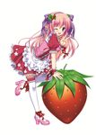  ;d absurdres blue_eyes character_request copyright_request dress food fruit hairband highres long_hair nanami_ayane one_eye_closed open_mouth oversized_food oversized_object pink_hair ribbon smile solo strawberry thighhighs v 
